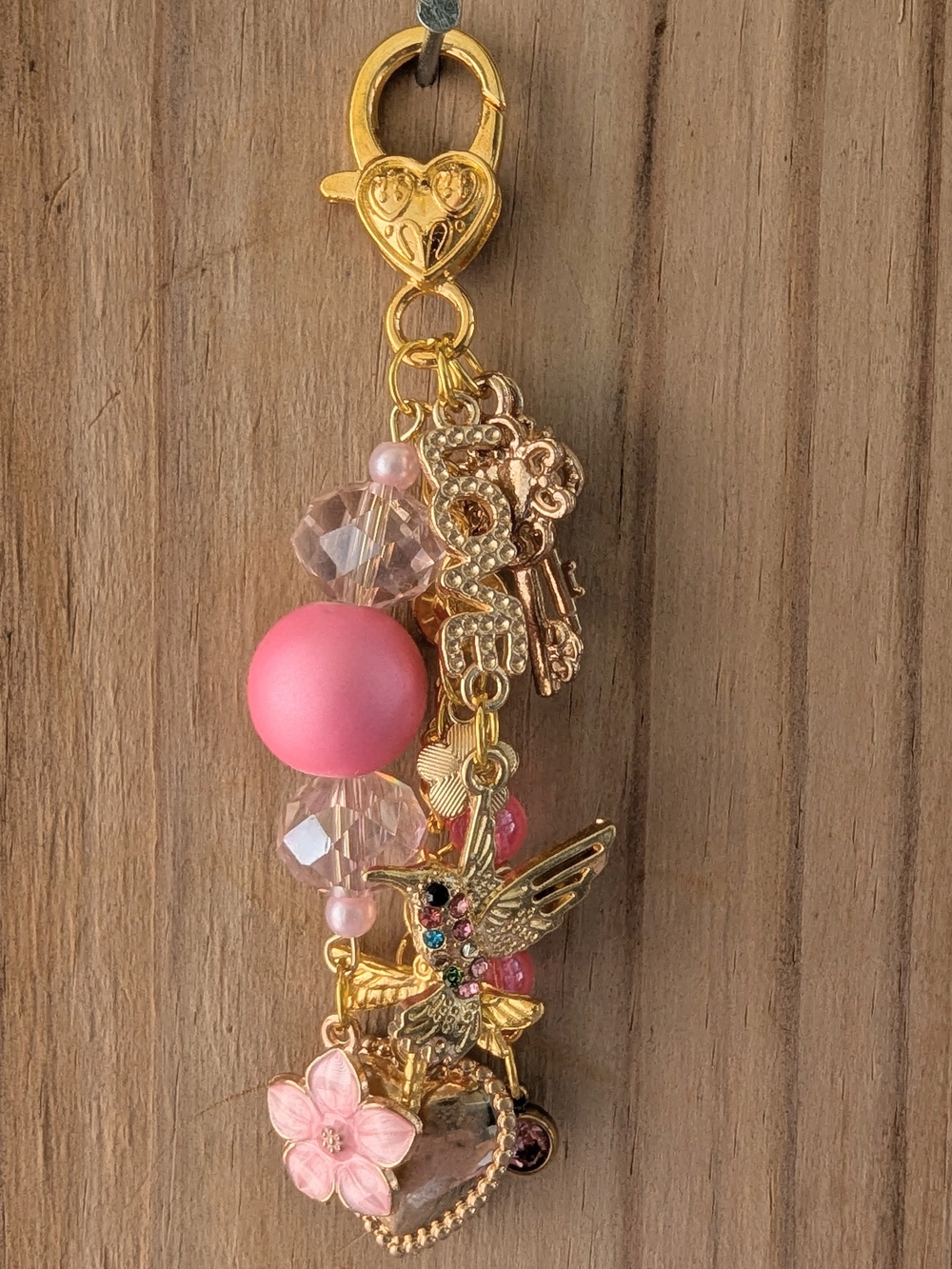 Gold-Tone Pink Bead & Charm Keychain